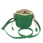 Дамска чанта тип кошничка от естествена кожа и рафия - зелена