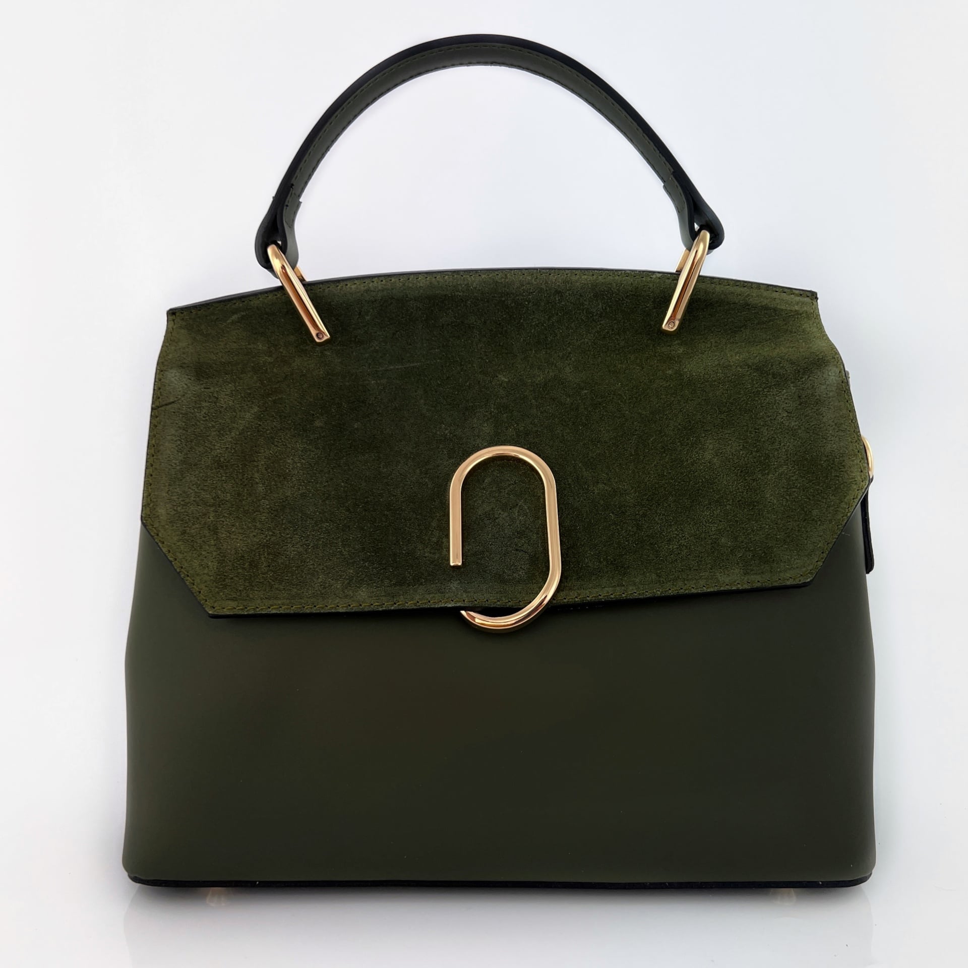 Луксозна дамска чанта от естествена кожа с елементи от естествен велур - тъмно зелена 