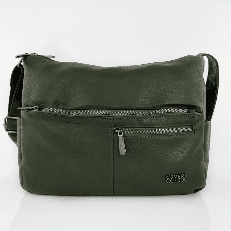 Чанта за през рамо с 2 отделения и много джобчета - тъмно зелена