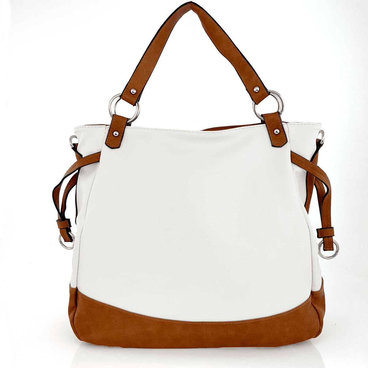 Голяма дамска чанта тип торба - бяло/керемидено кафяво