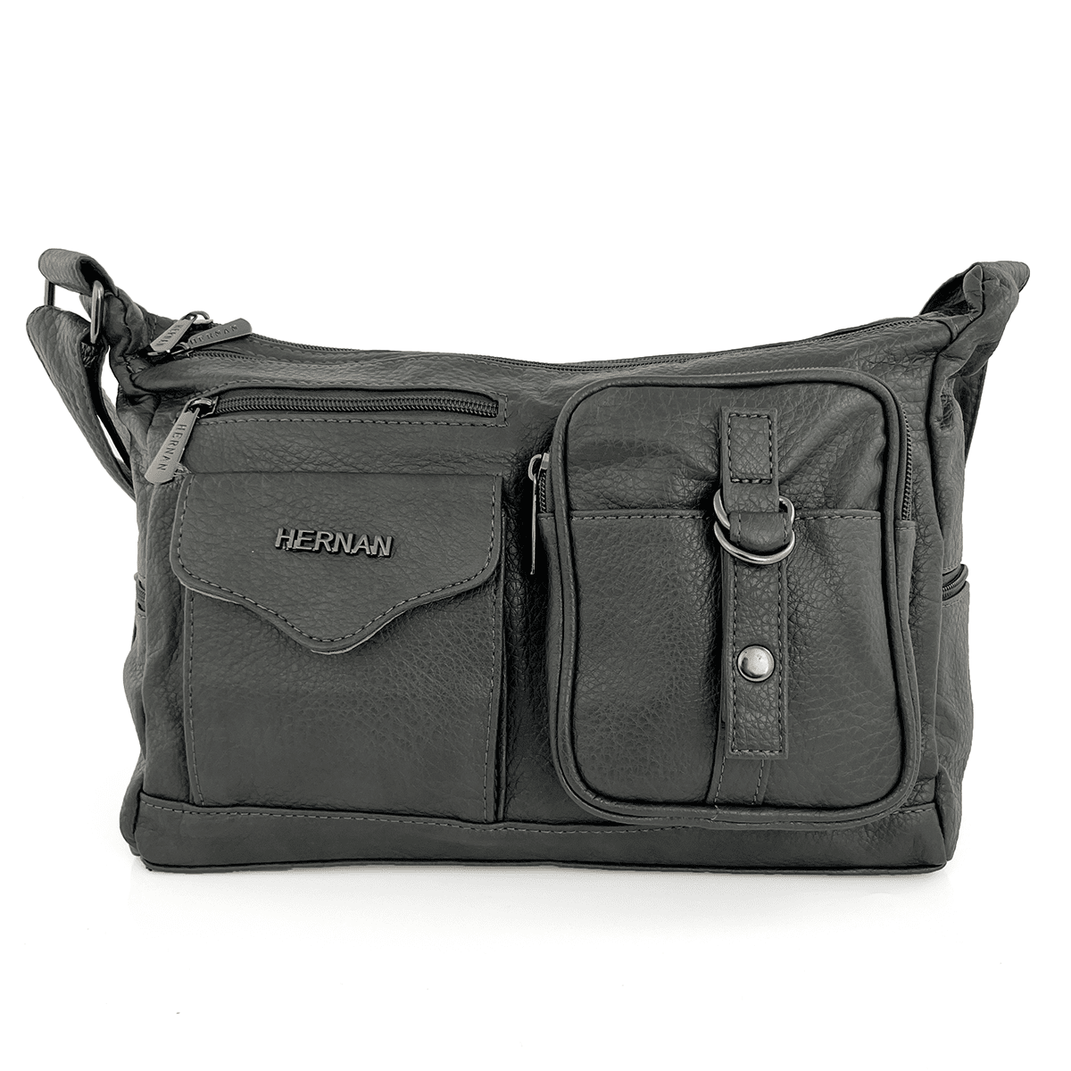 Чанта за през рамо с 2 големи отделения и много джобове - тъмно сива