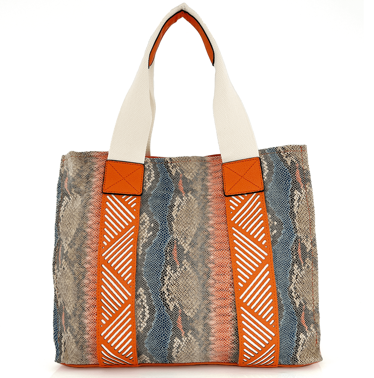 Удобна дамска чанта със змийски принт - оранжева 