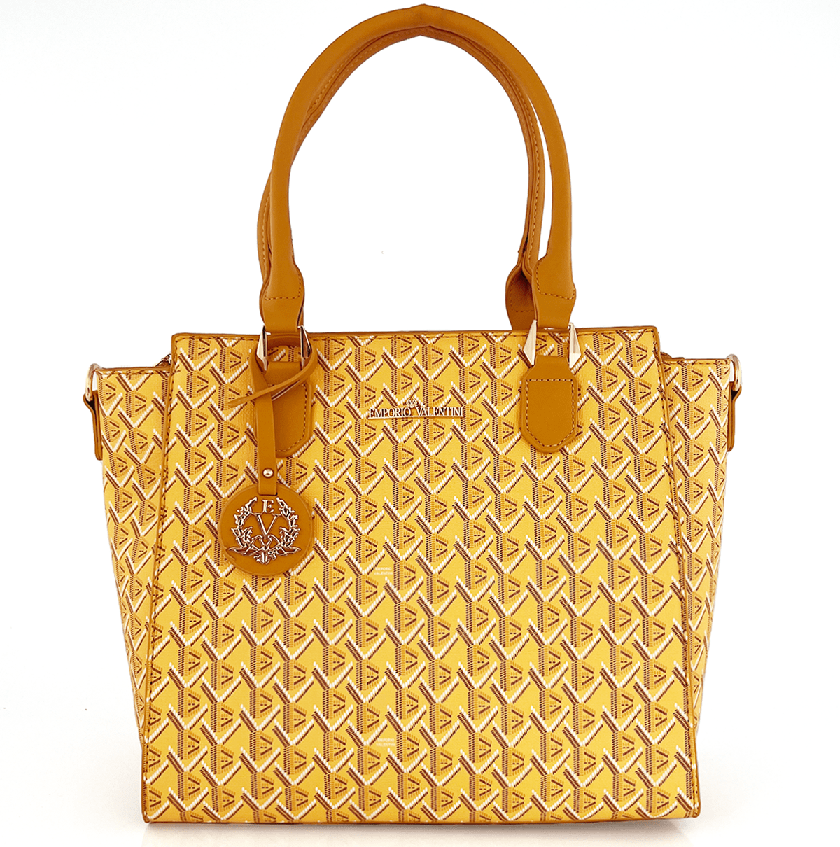 Голяма луксозна дамска чанта с принт - жълта 
