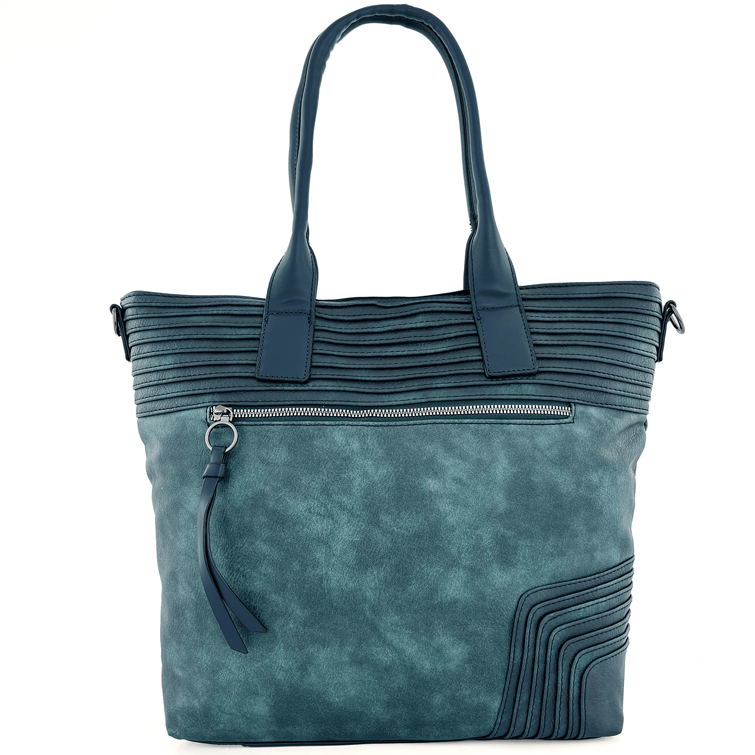 Голяма дамска чанта тип торба с опушен ефект - синя