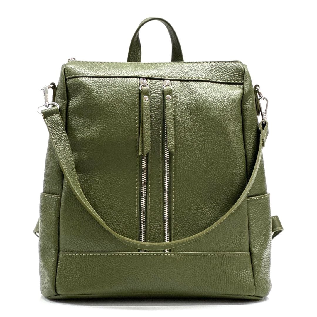 2 в 1 - Раница и чанта от естествена кожа - тъмно зелена 