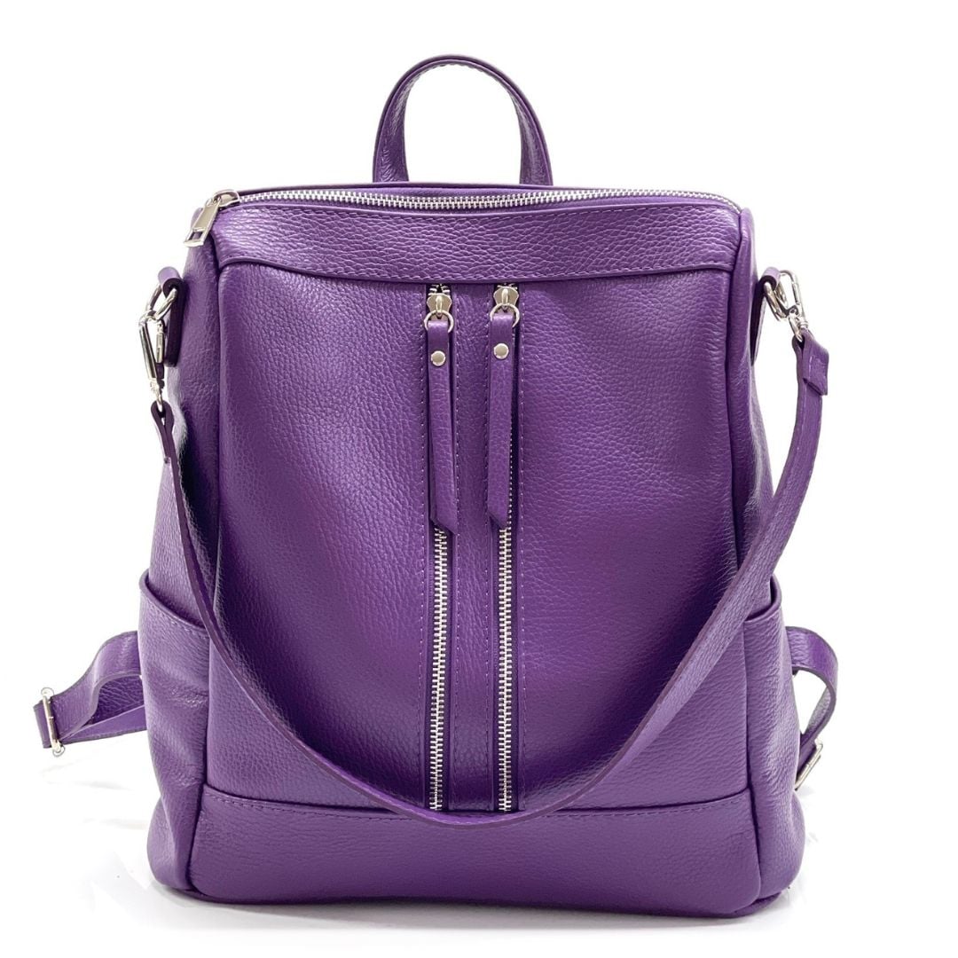 2 в 1 - Раница и чанта от естествена кожа - тъмно лилава 