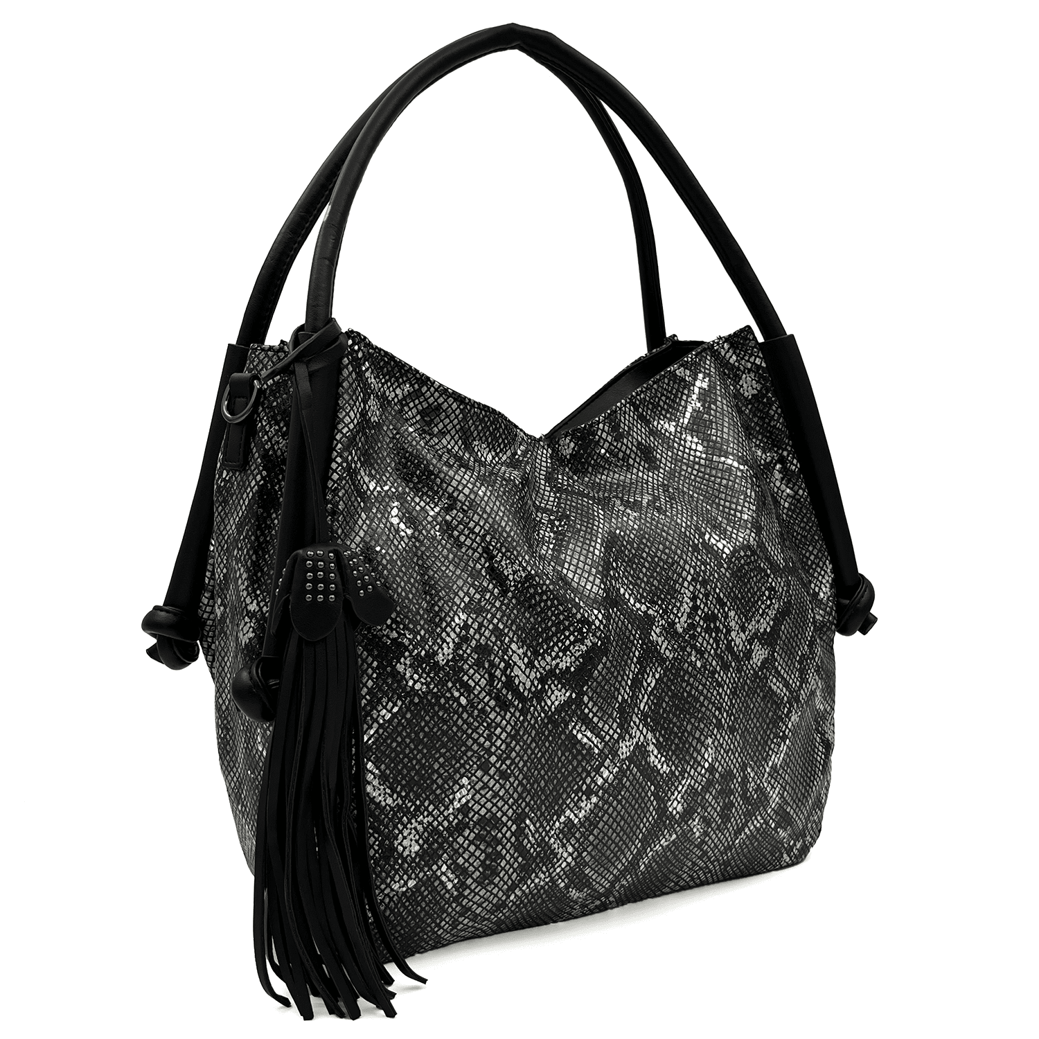 Дамска чанта тип торба със змийски принт - черна 
