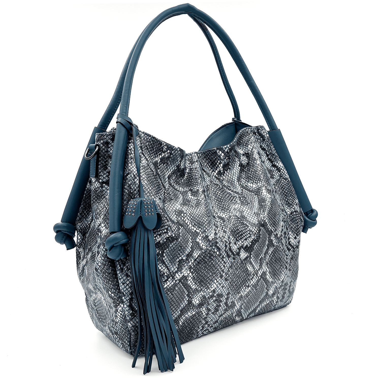 Дамска чанта тип торба със змийски принт - синя 