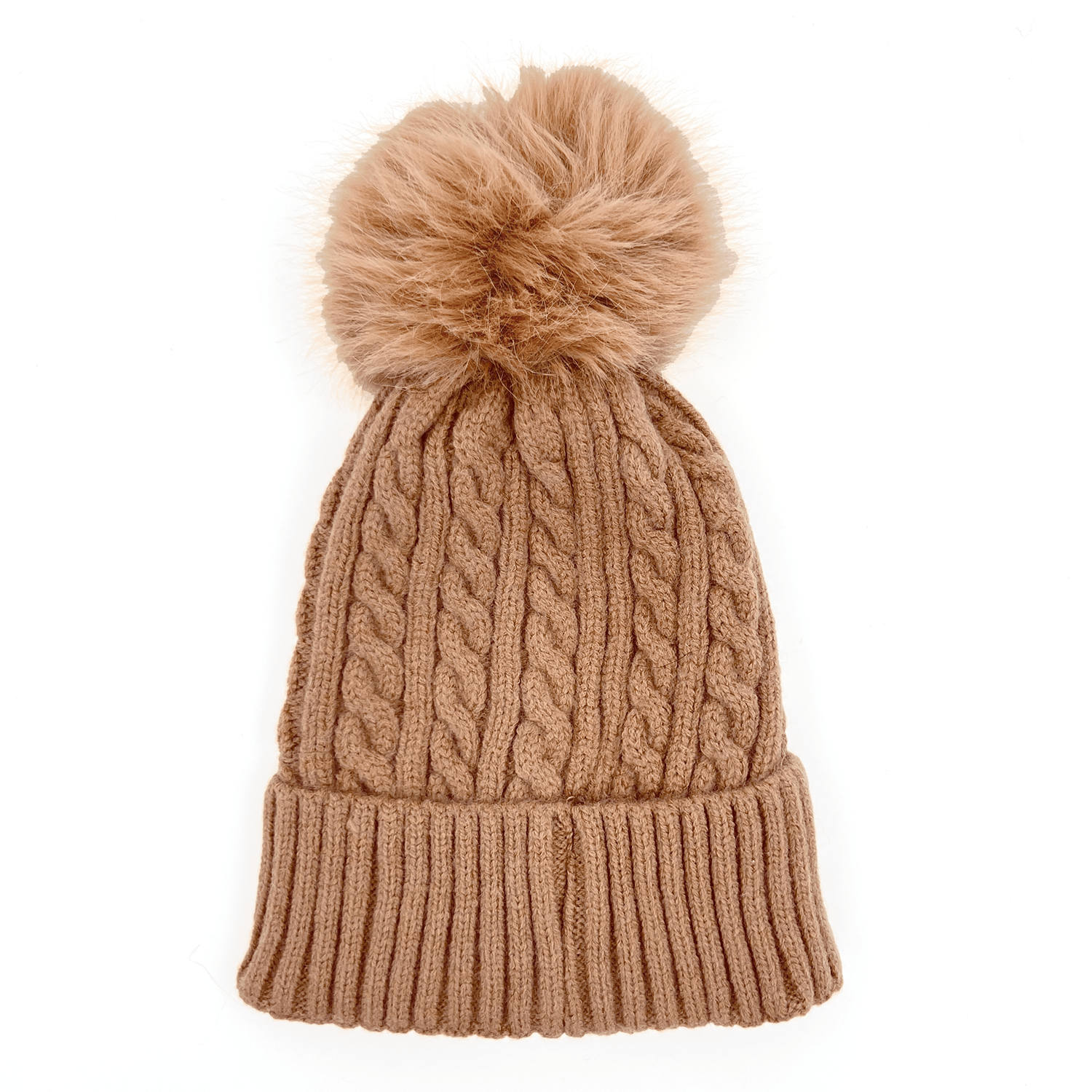 Топла зимна шапка с помпон - светло кафява 