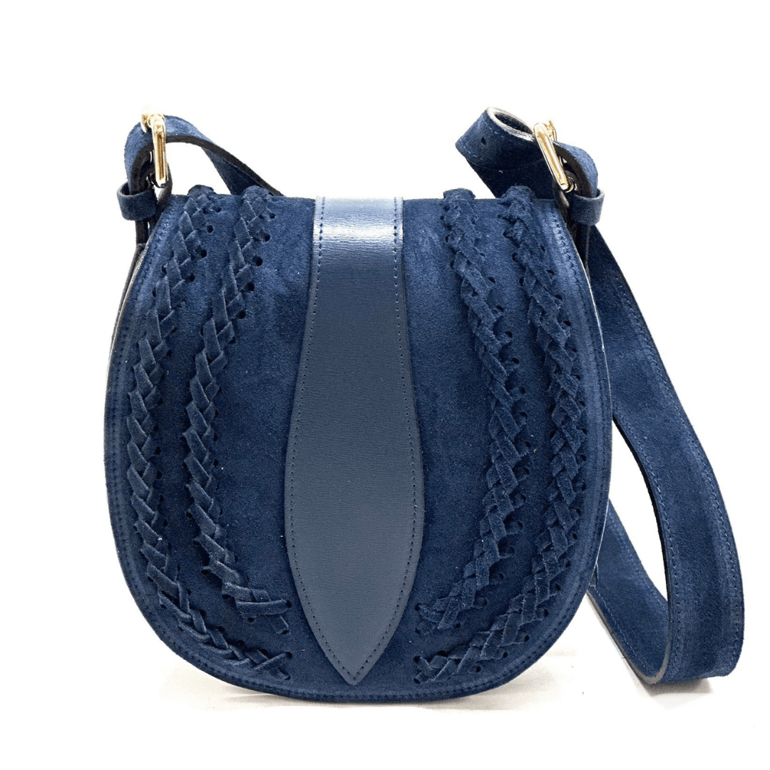 Чанта за през рамо от естествен велур и кожа - тъмно синя