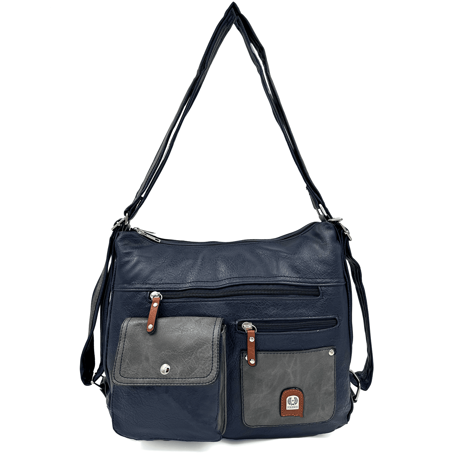 2 в 1 - Дамска чанта и раница с много джобове - тъмно синьо