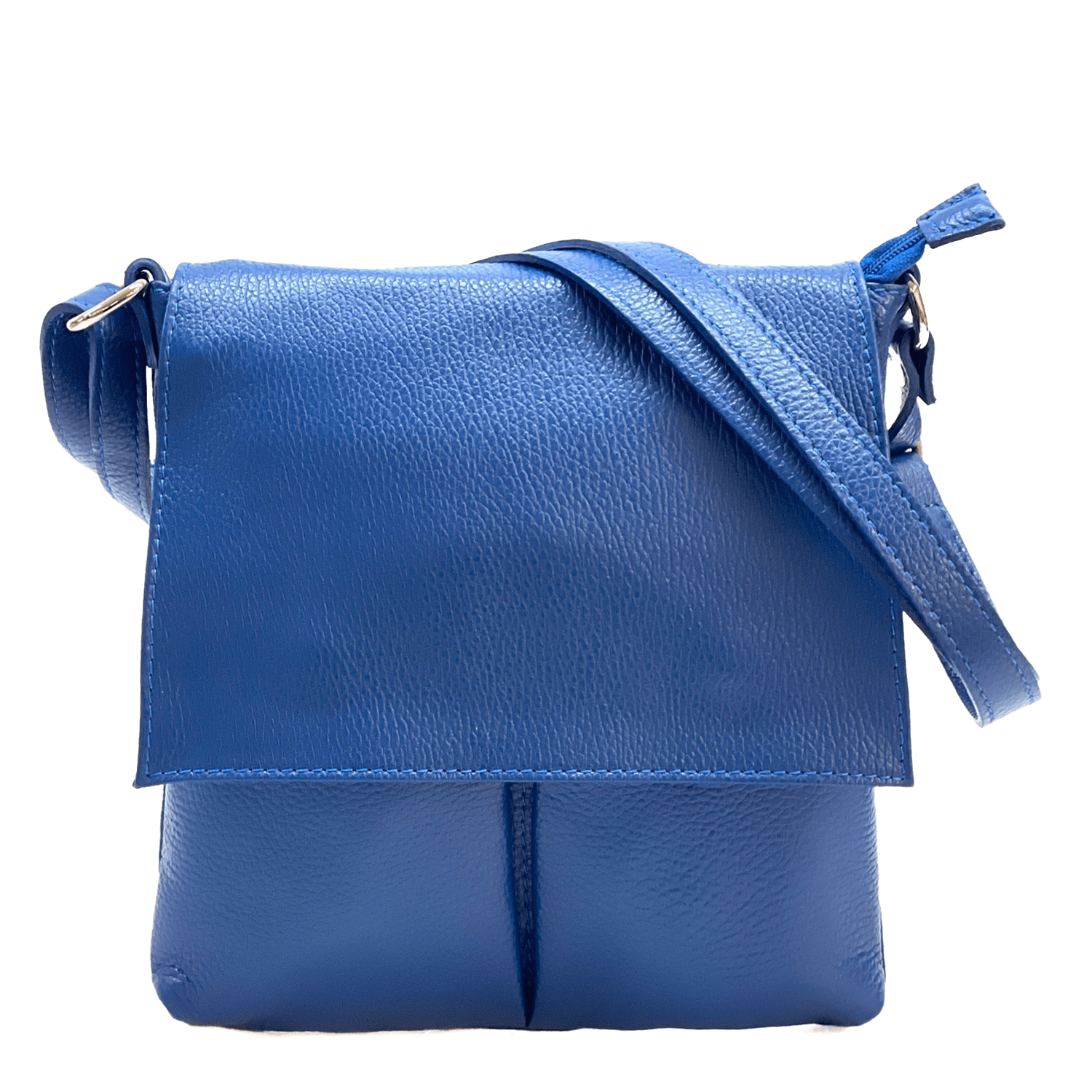 Чанта за през рамо от естествена кожа с много джобчета - синя