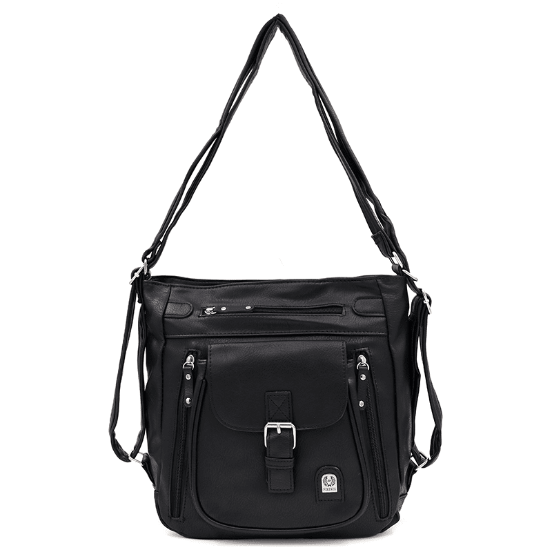 2 в 1 - Дамска чанта и раница с много джобове - черна