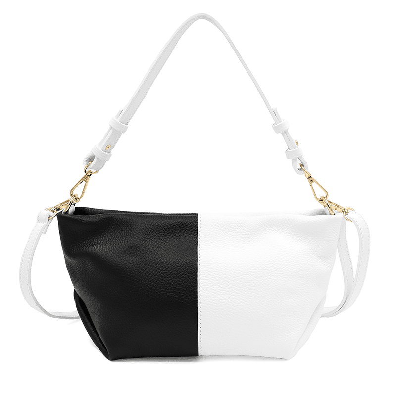 Двуцветна чанта за през рамо от естествена кожа с 2 дръжки - черно/бяло