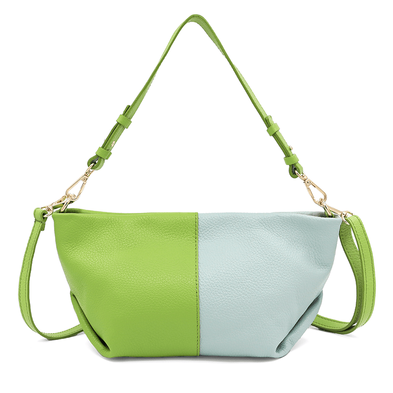 Двуцветна чанта за през рамо от естествена кожа с 2 дръжки - зелено/светло синьо