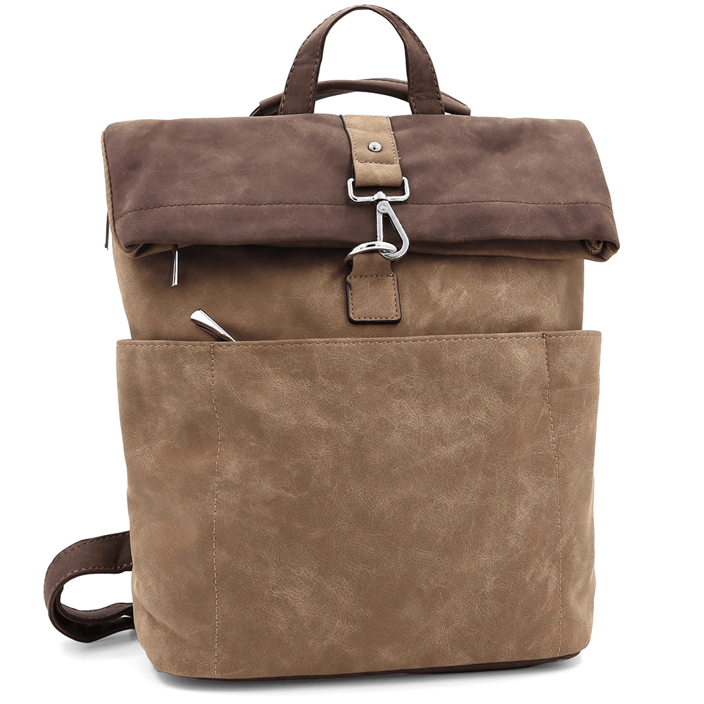 2 в 1 - Дамска раница и чанта с много джобове - светло кафява