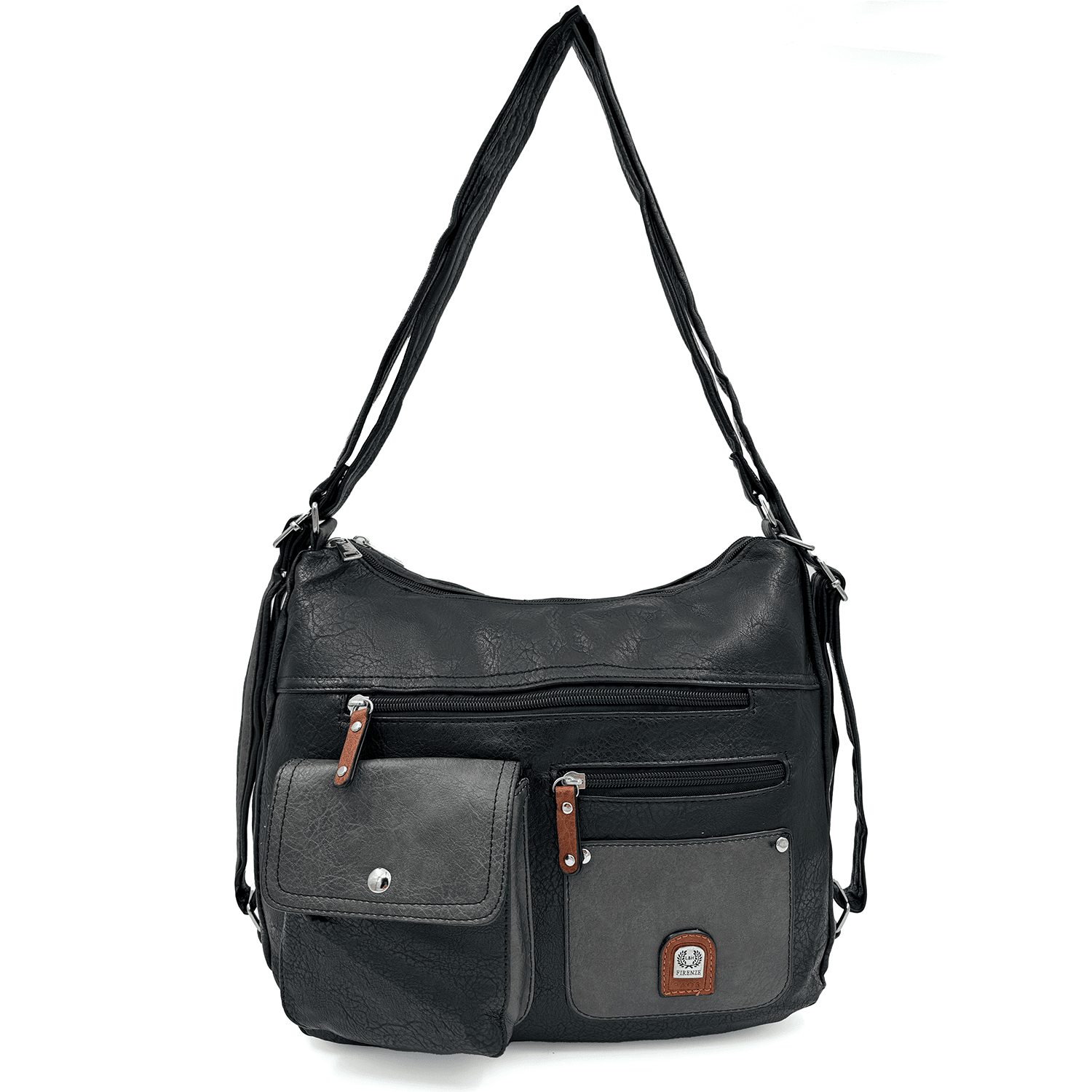 2 в 1 - Дамска чанта и раница с много джобове - черно/сиво