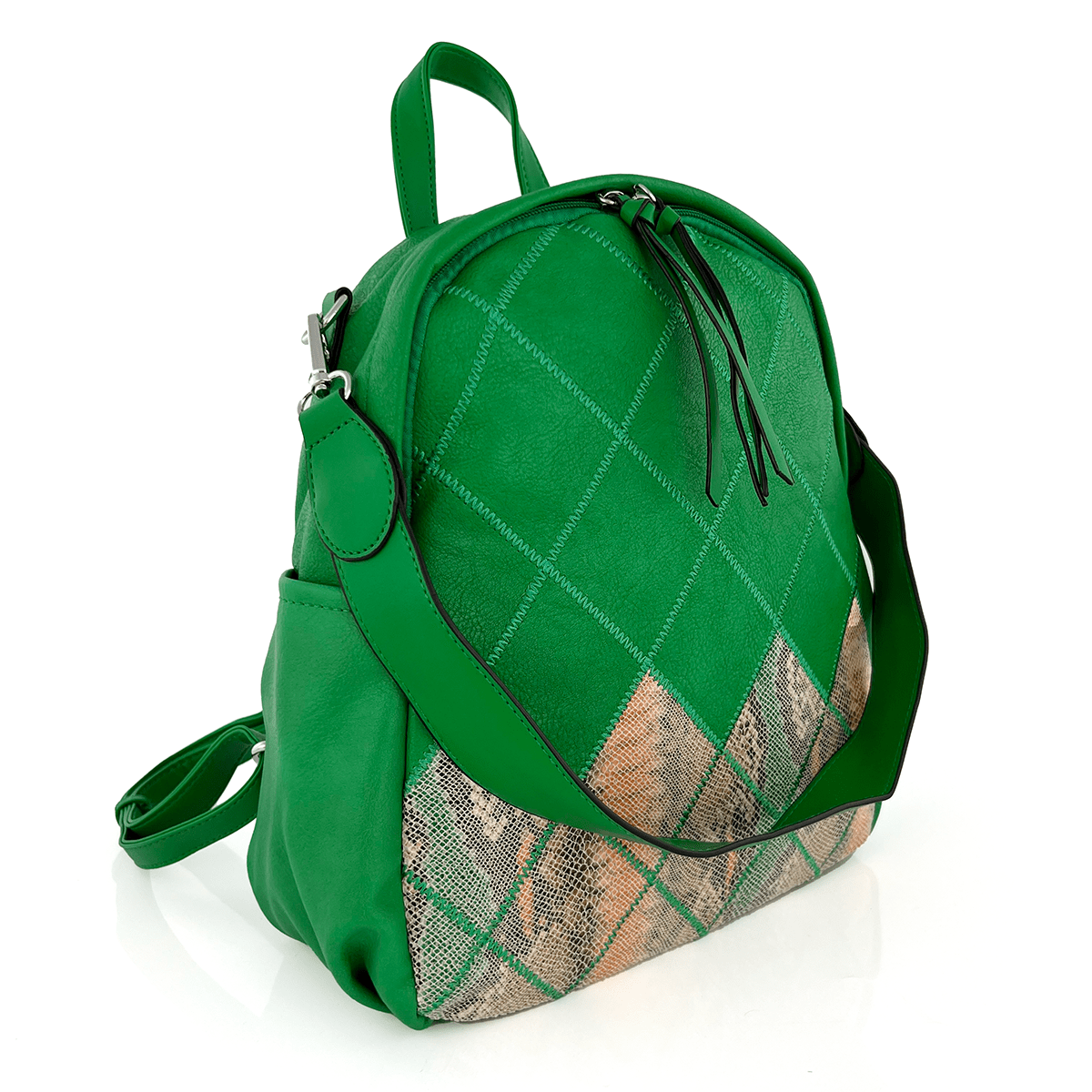 2 в 1 - Раница и чанта със змийски принт - зелена 