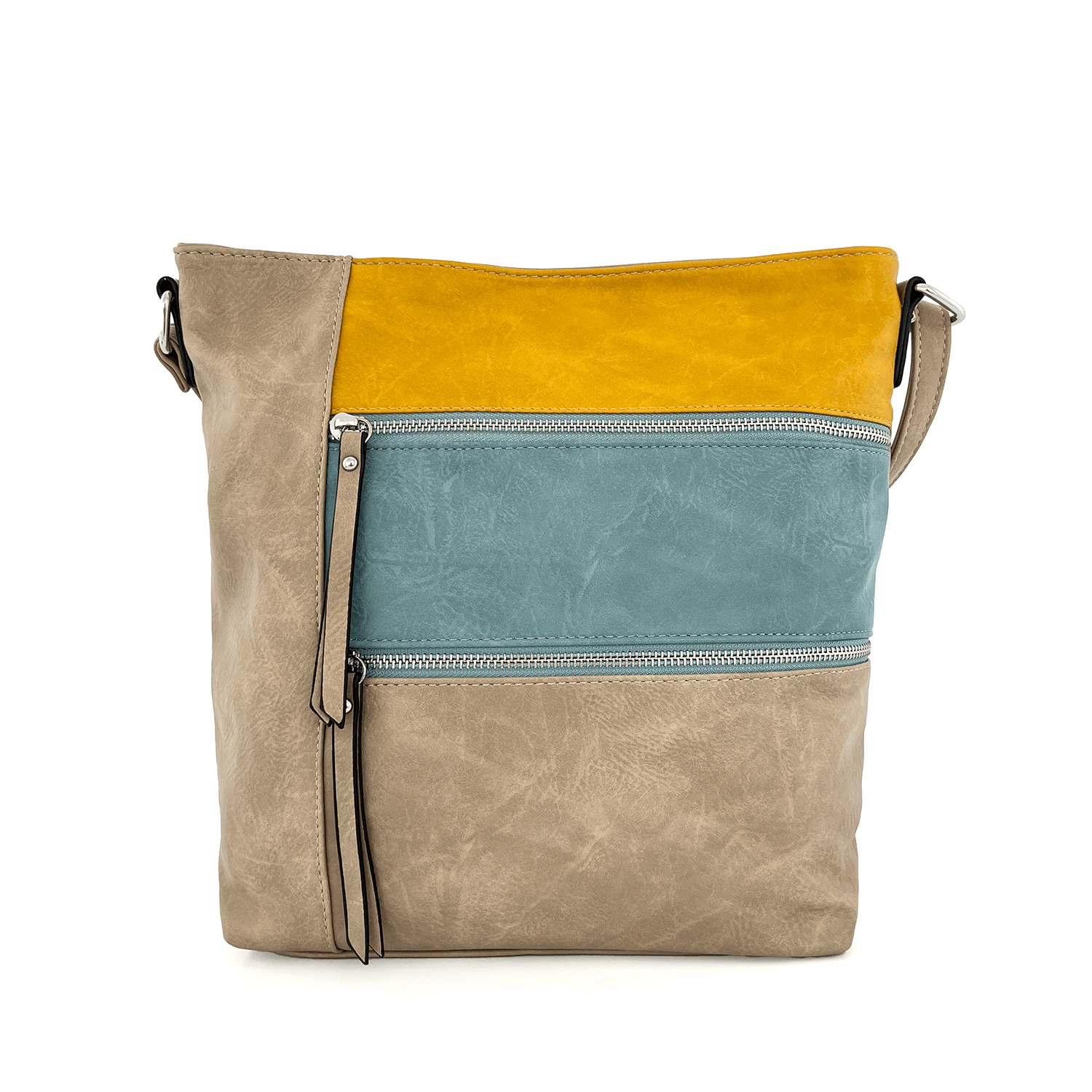 Цветна чанта за през рамо с много джобчета - светло кафява