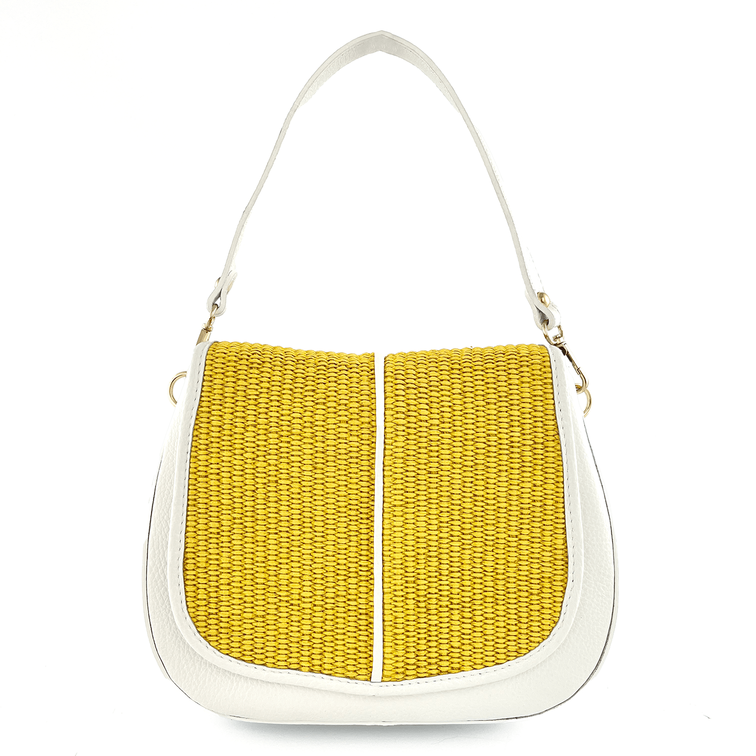Дамска чанта от естествена кожа с 2 дръжки и ръчно изтъкана рафия - бяло/жълто 