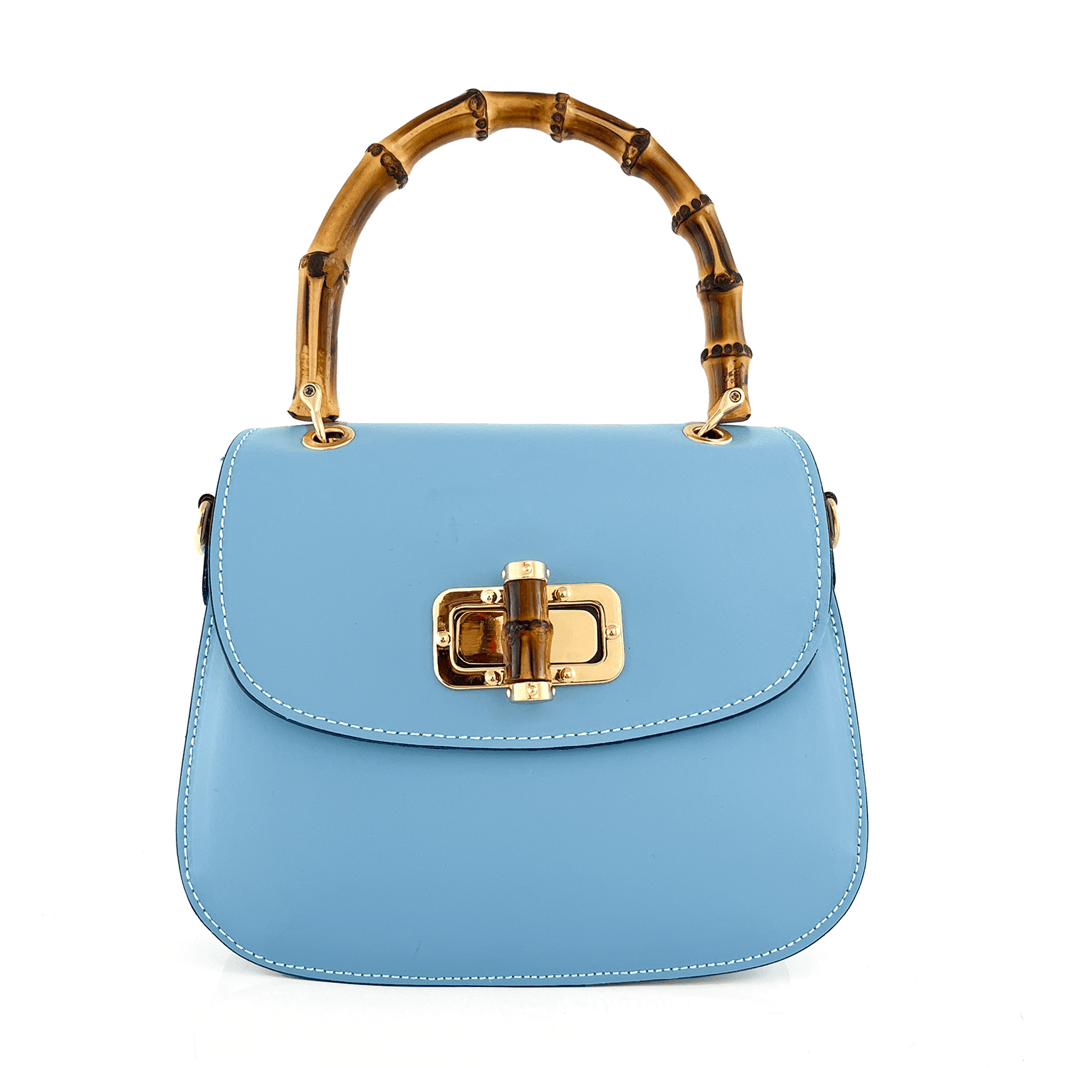Дамска чанта от естествена кожа с бамбукова дръжка Ronda - светло синя 