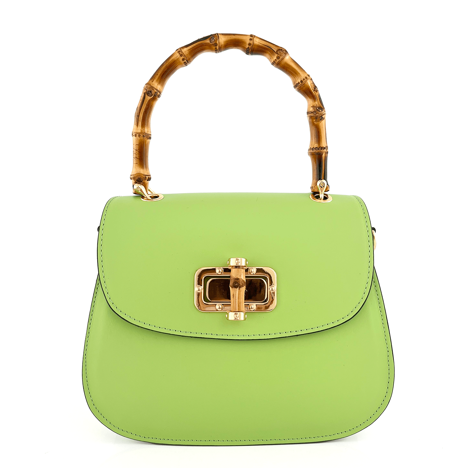 Дамска чанта от естествена кожа с бамбукова дръжка Ronda - зелена 