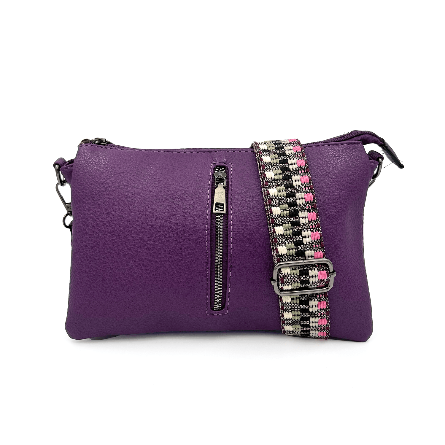 Чанта за през рамо с 3 отделения и цветна дръжка - тъмно лилава