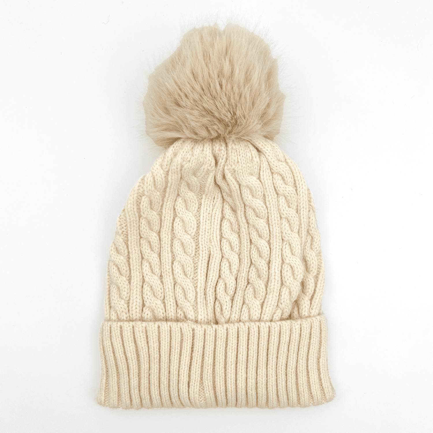 Топла зимна шапка с помпон - бежова 