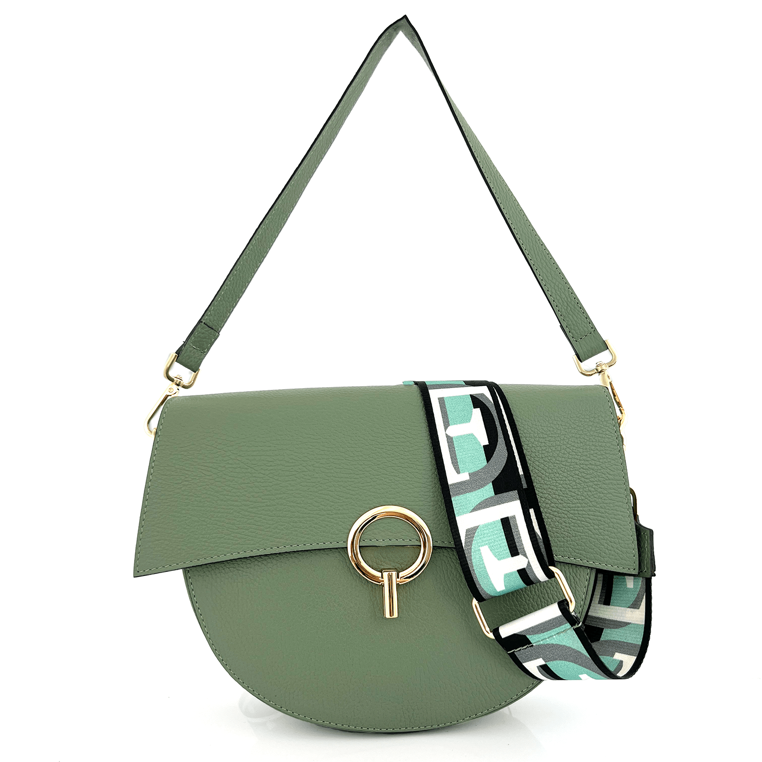 Чанта за през рамо от естествена кожа с 2 дръжки - зелена
