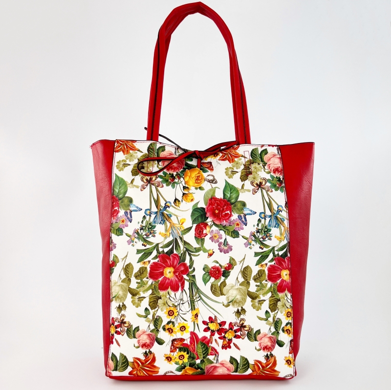 КОМПЛЕКТ - голяма дамска чанта с цветен принт + чанта за през рамо