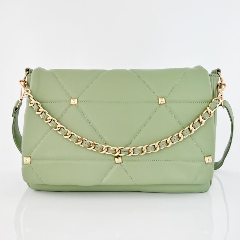 Голяма дамска чанта за през рамо с 2 дръжки - светло зелена