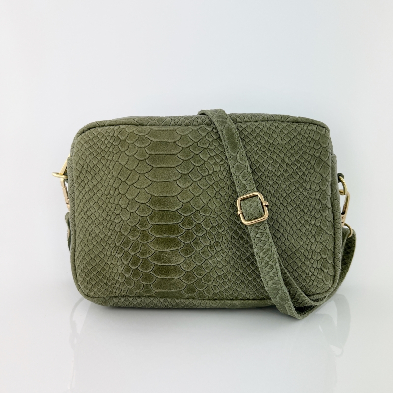 Чанта за през рамо от естествена кожа с крокодилски принт Bella - тъмно зелена 