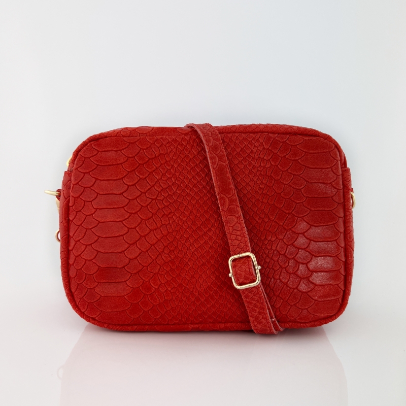 Чанта за през рамо от естествена кожа с крокодилски принт Bella - червена 
