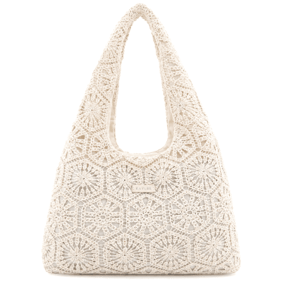 Дамска чанта с плетена дантела на геометрични цветя - бежова