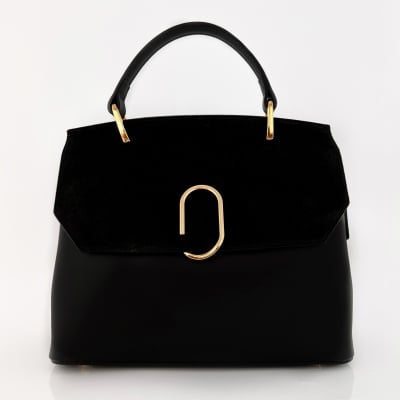 Луксозна дамска чанта от естествена кожа с елементи от естествен велур - черна 