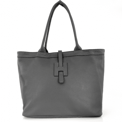 Голяма дамска чанта с променяща се форма от естествена кожа - сива