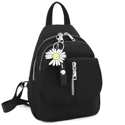 Дамска раница от плат с ключодържател маргаритка Daisy - черна