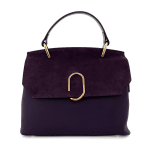 Луксозна дамска чанта от естествена кожа с елементи от естествен велур - тъмно лилава 