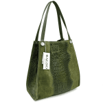 Голяма чанта от естествена кожа с крокодилски принт  - зелена 