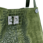 Голяма чанта от естествена кожа с крокодилски принт  - зелена 