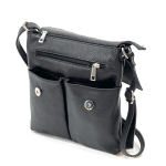 Чанта за през рамо от естествена кожа с много джобчета - черна