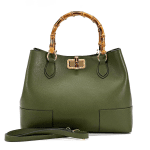 Дамска чанта от естествена кожа с бамбукови дръжки - маслено зелена