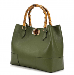 Дамска чанта от естествена кожа с бамбукови дръжки - маслено зелена