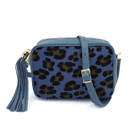 Чанта за през рамо от естествена кожа с животински принт - синя