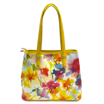 Чанта от естествена кожа с принт на цветя - жълта 