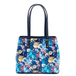 Чанта от естествена кожа с принт на цветя - синя 