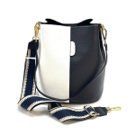 Дамска чанта от естествена кожа с 2 дръжки - бяло/тъмно синьо