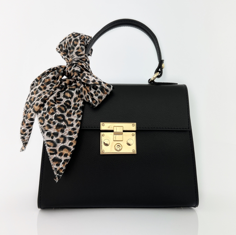 Луксозна чанта от естествена кожа с фишу - черна 