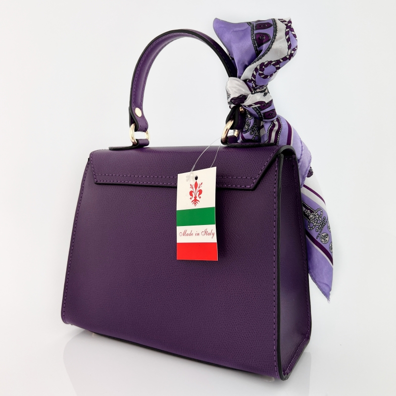 Луксозна чанта от естествена кожа с фишу - тъмно лилава 