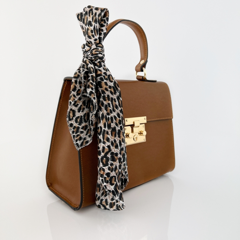 Луксозна чанта от естествена кожа с фишу - керемидено кафява 
